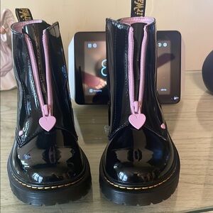 Dr. Martens Black and Pink Patent Leather Boots with Heart Charming